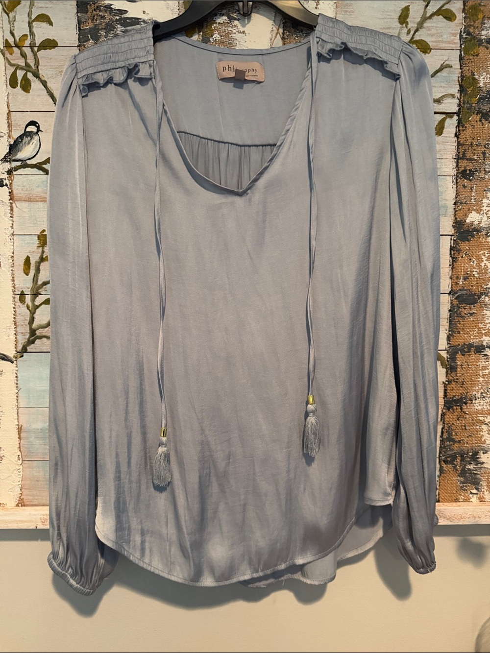 Philosophy Pale Blue/Grey Long Sleeve Tassel Peasant Blouse